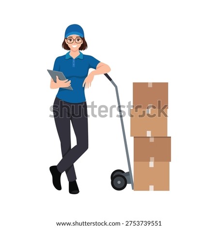 Female Courier Worker Standing with Hand Truck and Delivery Boxes. Flat Vector Character