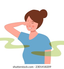 Female cover her nose from unpleasant smell in flat design on white background.