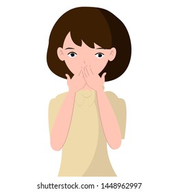 Female covering mouth with hands. Emotion and body language concept. vector illustration.