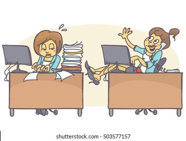 Female Coworkers In Office, One Is Working Hard And Has Lot Of Work, Other Is Lazy, Talking On The Phone And Painting Her Nails. Vector Cartoon Of Bad Coworker Situation At Job. Bad Behavior At Work.
