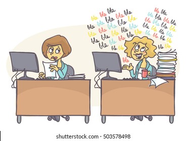 Female Coworkers At The Office, One Is Working Hard While Other One Is Babbling, Does Not Care For Work That Is Piling. Bad Behavior At Work. Vector Cartoon Of Coworker Problems.