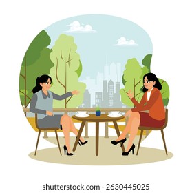 Female coworkers taking a break at a cafe. Chatting and drinking coffee together. Flat vector illustration.
