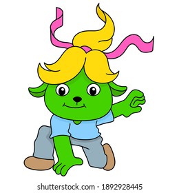 criatura femenina en acción, personaje lindo dibujo de garabato. ilustración vectorial