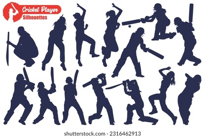 Female Cricket Player Betting and Bowling Silhouettes Vector