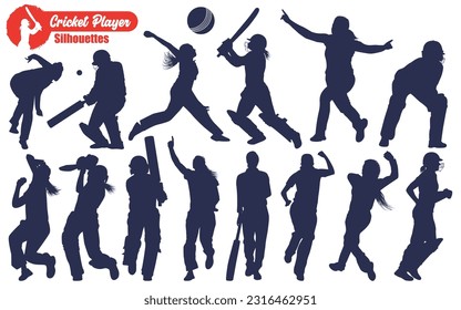 Female Cricket Player Betting and Bowling Silhouettes Vector