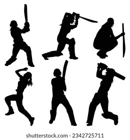 Female Cricket Player Betting  Bowling Silhouettes Vector Illustration