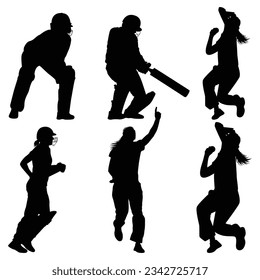 Female Cricket Player Betting  Bowling Silhouettes Vector Illustration