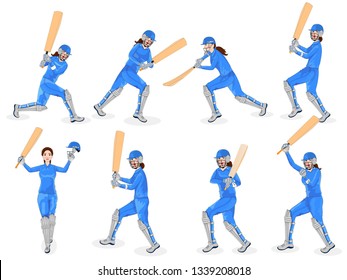 Female cricket player in different batting activity.