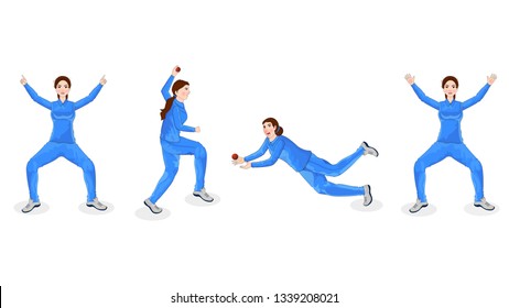 Female Cricket Player In Different Playing Pose.