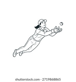 Jugador de cricket femenino que bucea la acción de la captura de la mujer deportiva que filtra la ilustración profesional aerotransportada del arte de la línea del atleta aislada en el fondo blanco