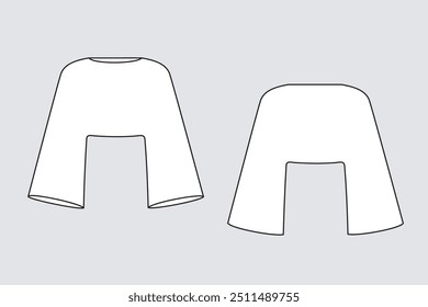Female crop blouse vector template isolated on a transparent background. Front and back view. Outline fashion technical sketch of clothes model.
