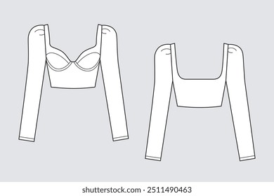 Female crop blouse vector template isolated on a transparent background. Front and back view. Outline fashion technical sketch of clothes model.