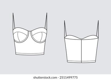 Female crop corselet vector template isolated on a transparent background. Front and back view. Outline fashion technical sketch of clothes model.