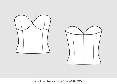 Female crop corselet vector template isolated on a transparent background. Front and back view. Outline fashion technical sketch of clothes model.