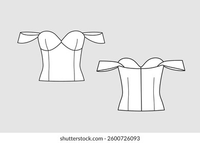 Female crop corselet vector template isolated on a transparent background. Front and back view. Outline fashion technical sketch of clothes model.