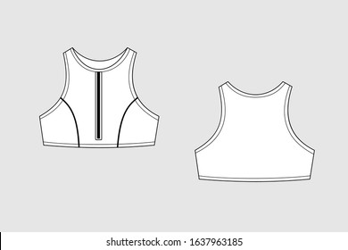 Female crop top vector template isolated on a grey background. Front and back view. Outline fashion technical sketch of clothes model.