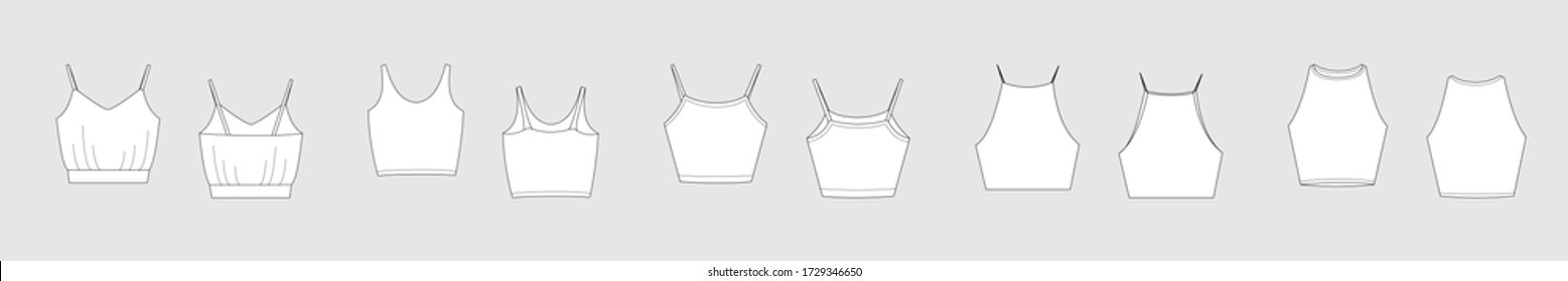 Female Crop Top Female Vector Template Set Isolated On A Grey Background. Front And Back View. Outline Fashion Technical Sketch Of Clothes Model.