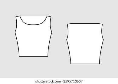Female crop top vector template isolated on a grey background. Front and back view. Outline fashion technical sketch of clothes model.