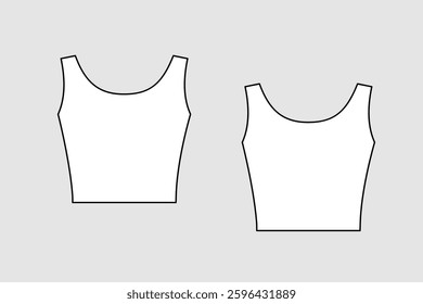 Female crop top vector template isolated on a grey background. Front and back view. Outline fashion technical sketch of clothes model.