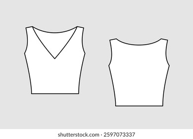 Female crop top vector template isolated on a grey background. Front and back view. Outline fashion technical sketch of clothes model.
