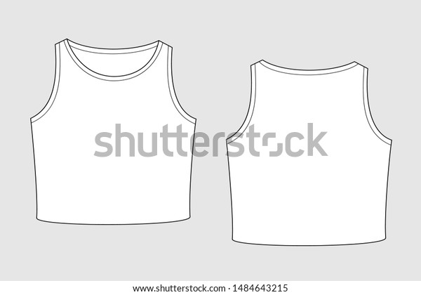 Female crop top vector template isolated on a grey\
background. Front and back view. Outline fashion technical sketch\
of clothes model.