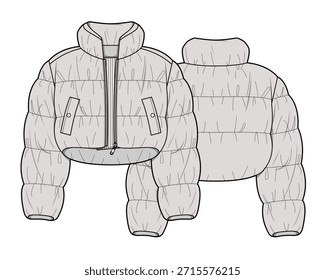 Weibliche zugeschnittene Puffer Jacke technische flache Design Vektor Mockup Schablone.