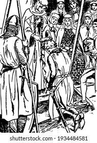 A female crowing to man kneeling down in front of her, another females watching them, vintage line drawing or engraving illustration