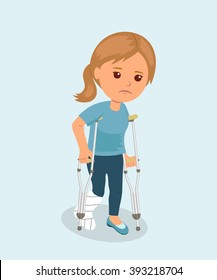 Female with crutches and a medical plaster bandage on leg. Safety concept. Health insurance. Bone fracture. 