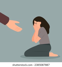 A female crying and covering her face. Mental health disorder concept.Hand helps a woman to get rid of stress and depression. Vector illustration
