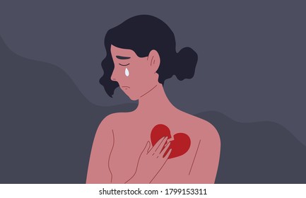 La mujer llora con el corazón roto. Concepto de tristeza, depresión, duelo, tristeza, caída de lágrimas, mujer de duelo, mujer de corazón roto, falta de amor. Carácter de ilustración vectorial plano.