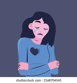 Female is crying with indented heart shape at her chest. Broken-hearted woman. Concept of sadness, feeling, depression, mental health, heartbreak, loss. Flat vector illustration character.