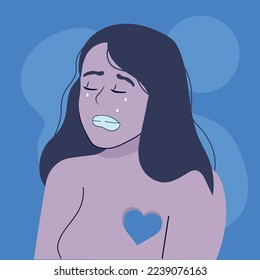 Female is crying with indented heart shape at her chest. Broken-hearted woman. Concept of sadness, feeling, depression, mental health, heartbreak, loss. Flat vector illustration character.