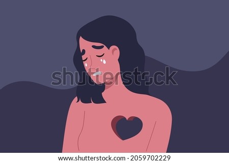 Female is crying with indented heart shape at her chest. Broken-hearted woman. Concept of sadness, feeling, depression, mental health, heartbreak, loss. Flat vector illustration character.