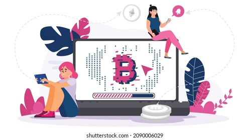 Female crypto  trader do a financial activities transferring cryptocurrencies to his friends via laptop and mobile , Monetization , traders, investors.