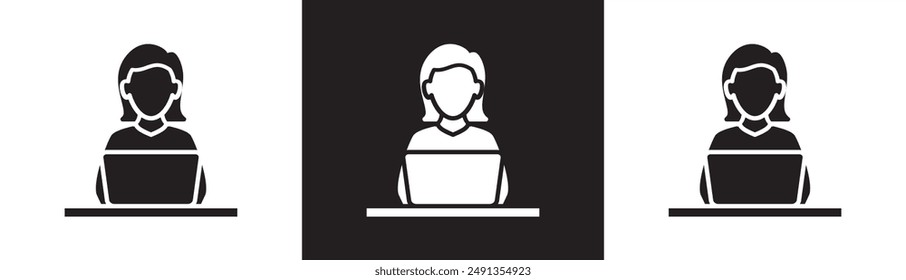 Female CS with Laptop  Flat icon of Customer Service, User support, Support admin icon, Support service and telemarketing, Job icon vector illustration on black, white and transparent.
