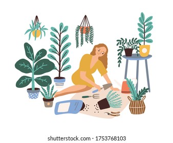 Female cultivating home garden vector flat illustration. Woman enjoy gardening taking care of houseplants growing in pots isolated on white. Girl replanting and watering plant sitting on floor