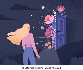 Female curiosity concept. Woman looks at flowers from door. Fantasy and imagination, mental health and psychology. Positivity and optimism. Poster or banner. Cartoon flat vector illustration