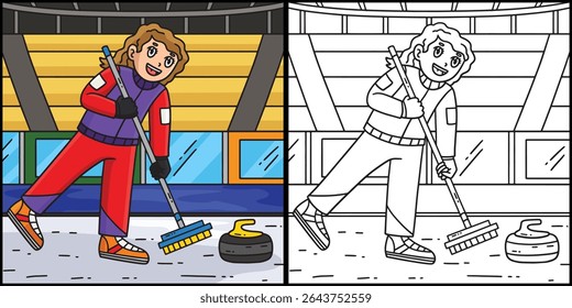 Female Curler Sweeping Coloring Page Illustration 