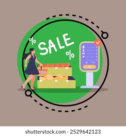 Cliente comprando comestibles en la Ilustración vectorial de la tienda sin cajero. Chica con cestas de compras pagando a través de Completar compra propio. Tienda de comestibles, concepto de venta para el Anuncio o el Diseño web