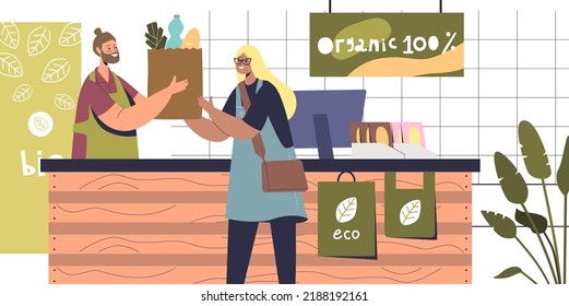 Female Customer Buying Grocery Products In Eco Friendly Shop With Paper And Reuse Package. Zero Waste And Conscious Consumption Concept. Cartoon Flat Vector Illustration