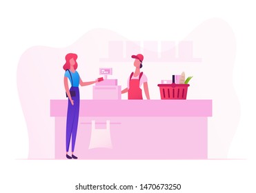 Female Customer Character with Goods in Shopping Basket Stand in Supermarket or Grocery Queue at Cashier Desk with Seller Paying for Purchases. Sale, Consumerism Cartoon Flat Vector Illustration