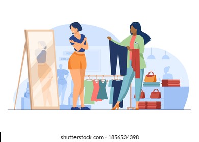 Female customer choosing clothes in fashion store. Shop assistant, seller, consultant flat vector illustration. Shopping, fitting room concept for banner, website design or landing web page