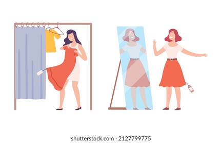 Female Customer Choosing Clothes in Fashion Store Trying It On in Fitting Room and In front of Mirror Vector Set