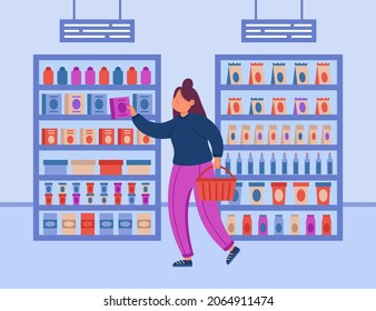 Female customer choosing food products on shelves of supermarket. Funny woman holding basket, person buying goods at grocery shop flat vector illustration. Shopping at store, consumerism concept