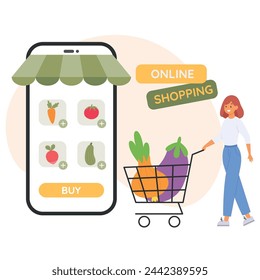 Female customer choosing vegetables on mobile app, walking with full shopping cart. Online service. Vector illustration in flat style
