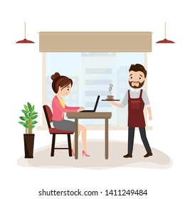Female customer or freelancer and male waiter in the cafe. Coworking or coffee shop interior with furniture,cartoon caucasian people characters,flat vector illustration