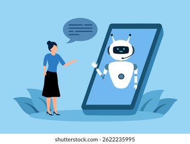 Female customer having dialog with chatbot on smartphone. Woman chatting with robot, asking questions and receiving answers. AI assistant support and FAQ concept vector illustration.