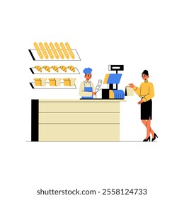 Female Customer And Male Cashier At Bakery Counter In Flat Vector Illustration Symbolizing Customer Interaction, Retail Transaction, And Bakery Business, Isolated On White Background