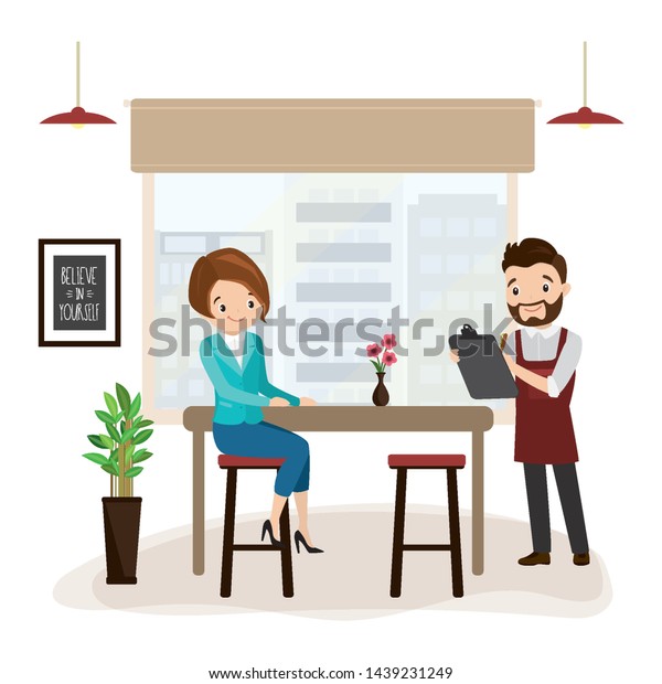 カフェ レストラン 喫茶店の店内の女性客と男性のウエイター 家具 カートーンの白人キャラクター 平らなベクターイラスト のベクター画像素材 ロイヤリティ フリー