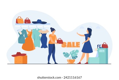 Female customer refusing to branded bag and choosing clothes in sale. Shop with dresses, hats, bags and shoes. Woman buying less luxury branded clothes. Fashion, sale, shopping concept svg